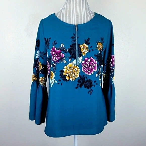 Apt. 9 Tops - Apt. 9 Bell Sleeve Teal Boho Zipper Floral Top